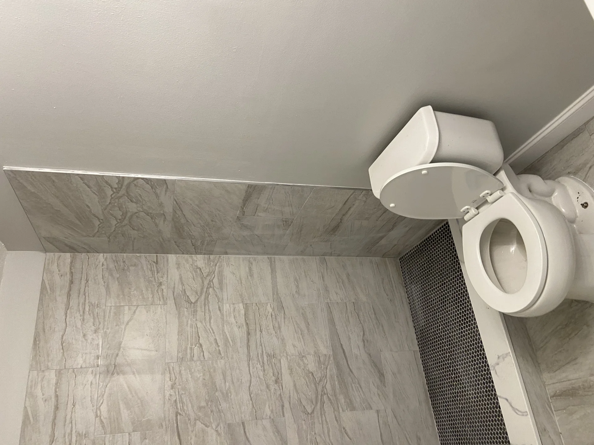 Modern bathroom with gray wood-look tile flooring and white toilet fixture by SF Construction in Framingham, MA